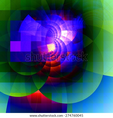 Abstract fractal high resolution geometric square grid background with decorative arches in dark vivid shining pink,purple,red,green,blue colors