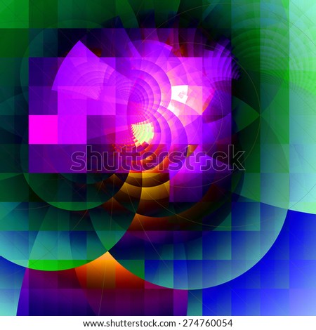 Abstract fractal high resolution geometric square grid background with decorative arches in dark vivid shining pink,yellow,green,blue colors