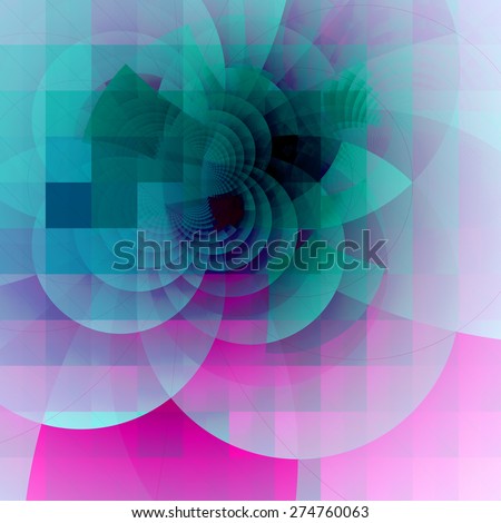 Abstract fractal high resolution geometric square grid background with decorative arches in dark vivid pastel cyan,blue,pink colors