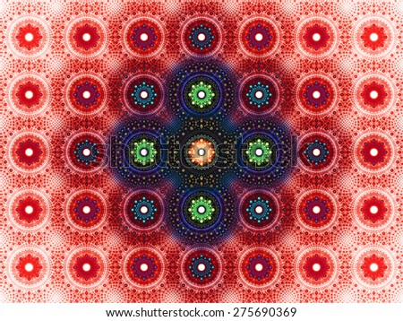 Detailed abstract background in high resolution with a dark vivid shining red,blue,green,yellow pattern of large and small interlocking circular geometric flowers in rows and columns