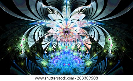 Amazing abstract fractal wallpaper with one large bright flower hovering over several smaller ones, all in high resolution and in bright vivid white,blue,green,red