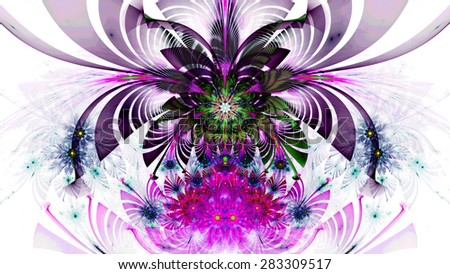 Amazing abstract fractal wallpaper with one large bright flower hovering over several smaller ones, all in high resolution and in dark glowing vivid pink,blue,green