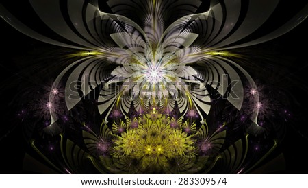 Amazing abstract fractal wallpaper with one large bright flower hovering over several smaller ones, all in high resolution and in shining white,yellow,pink