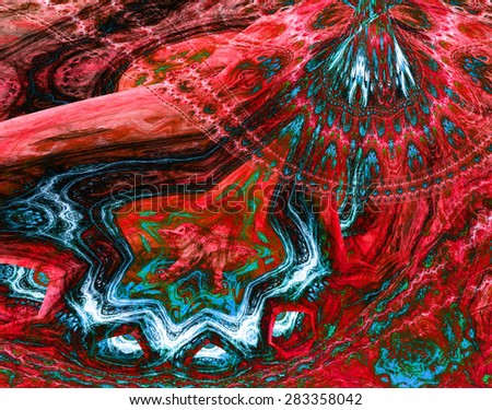 Abstract dark vivid glowing red,blue,green plastic looking distorted twisted background with a detailed decorative wavy pattern