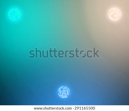 Abstract shining background with three suns balanced against each other with intermingled coronas, all in green,blue,yellow