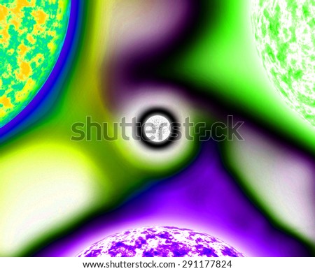 Abstract bright shining background with three large suns balanced against each other with intermingled coronas spiraling in the center around a white star, all in bright pink,green,yellow