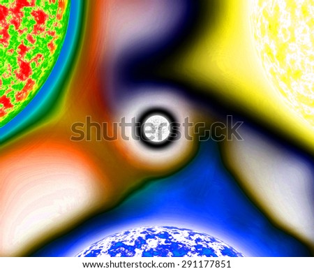 Abstract bright shining background with three large suns balanced against each other with intermingled coronas spiraling in the center around a white star, all in bright yellow,orange,purple