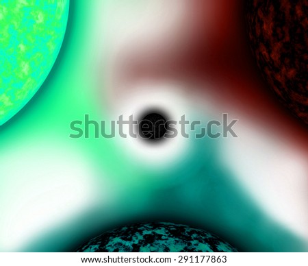 Abstract dark pastel background with three large suns balanced against each other with intermingled coronas spiraling in the center around a black star, all in dark pastel green,teal,red