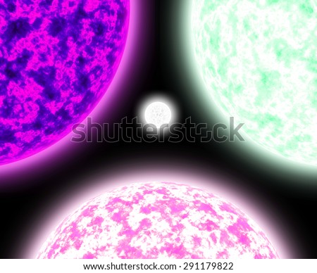 Abstract shining background with three large suns balanced against each other with a white star in the center, all in pink,purple,green