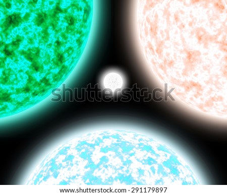 Abstract shining background with three large suns balanced against each other with a white star in the center, all in blue,green,pink, yellow