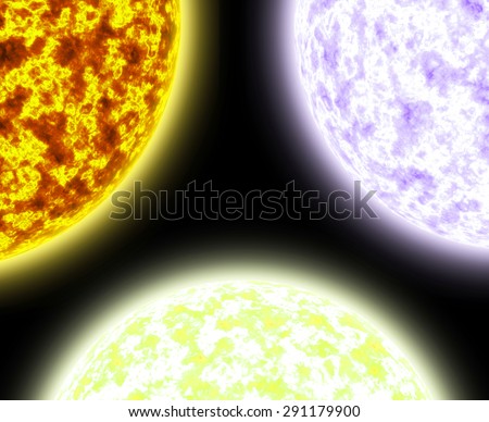 Abstract shining background with three large suns balanced against each other in red,yellow,pink