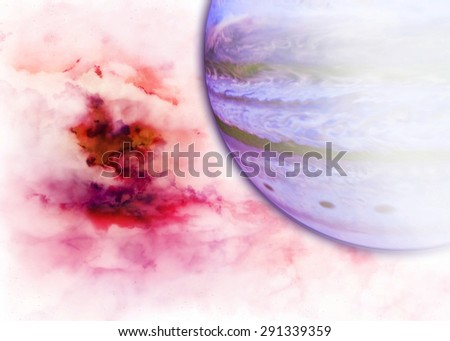 Abstract pastel background of a large pink and red nebula in the background of a purple gas giant resembling an entrance to a different dimension