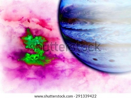Abstract vivid background of a large pink and green nebula in the background of a purple gas giant resembling an entrance to a different dimension