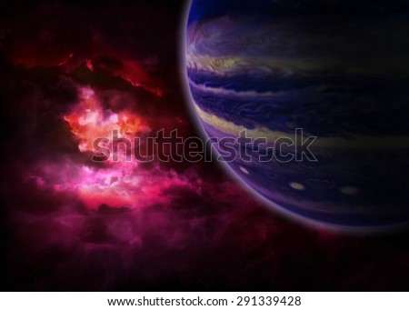 Large pink and red nebula in the background of a purple gas giant resembling an entrance to a different dimension