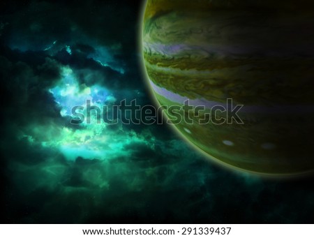 Large green and blue nebula in the background of a gas giant  resembling an entrance to a different dimension