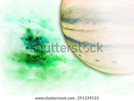 Abstract pastel background of a large green and blue  nebula in the background of a blue and yellow gas giant resembling an entrance to a different dimension