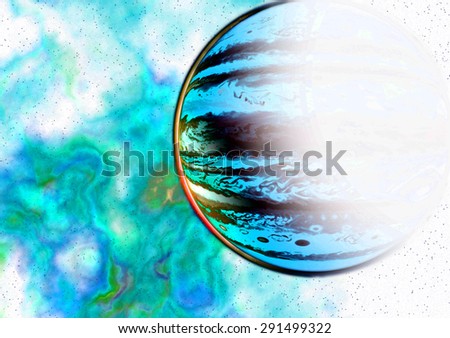 Abstract vivid inverted background with a nebula in blue and green colors in front of a blue and orange gas giant, all in high resolution.