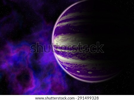 Glowing nebula in pink and purple colors in front of a pink gas giant, all in high resolution.