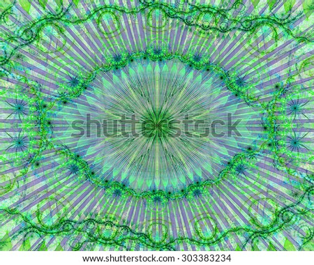 Abstract modern colorful background with a decorative eye-like symbol and flower decoration, all in light pastel green,teal,pink