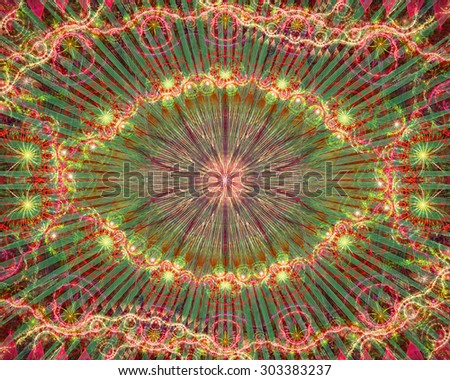 Abstract modern colorful background with a decorative eye-like symbol and flower decoration, all in shining red,yellow,green,pink