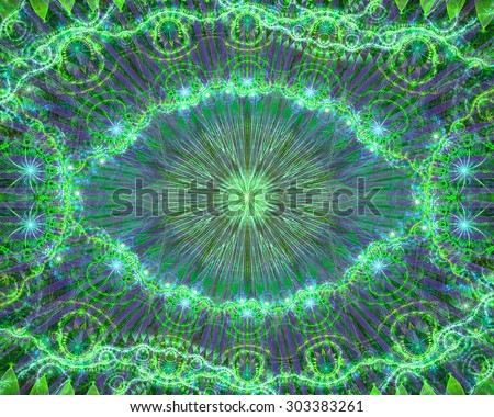 Abstract modern colorful background with a decorative eye-like symbol and flower decoration, all in shining green,teal,blue,purple