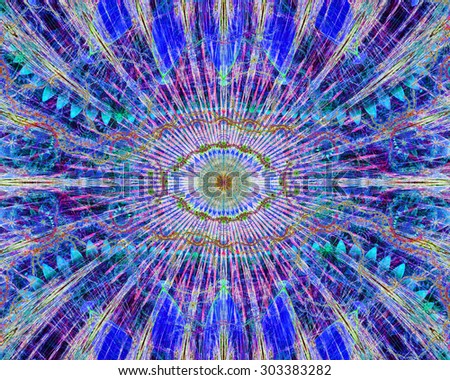 Abstract modern colorful background with a decorative eye-like symbol in the center and flower petal decoration surrounding it, all in bright vivid blue,purple,cyan,green