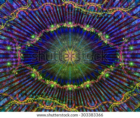 Abstract modern colorful background with a decorative eye-like symbol and flower decoration, all in dark vivid shining purple,pink,green,yellow