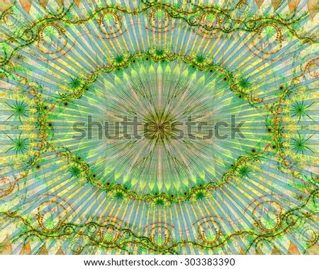 Abstract modern colorful background with a decorative eye-like symbol and flower decoration, all in light pastel orange,green,yellow,cyan