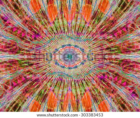 Abstract modern colorful background with a decorative eye-like symbol in the center and flower petal decoration surrounding it, all in bright vivid red,pink,orange,blue