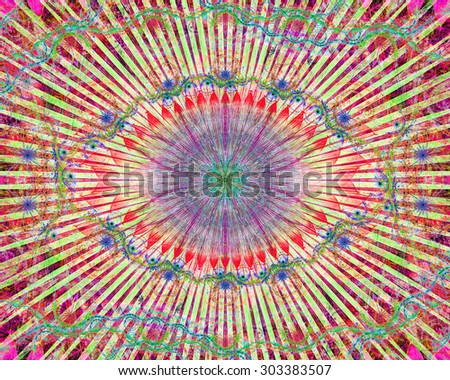 Abstract modern colorful background with a decorative eye-like symbol and flower decoration, all in bright blue,green,pink,red