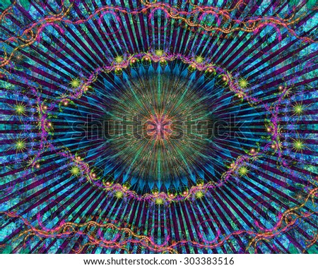 Abstract modern colorful background with a decorative eye-like symbol and flower decoration, all in dark vivid shining pink,blue,green
