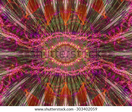 Abstract modern colorful background with a decorative eye-like symbol in the center and flower petal decoration surrounding it, all in pink,red,green