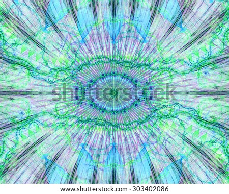 Abstract modern colorful background with a decorative eye-like symbol in the center and flower petal decoration surrounding it, all in light pastel teal,green,pink