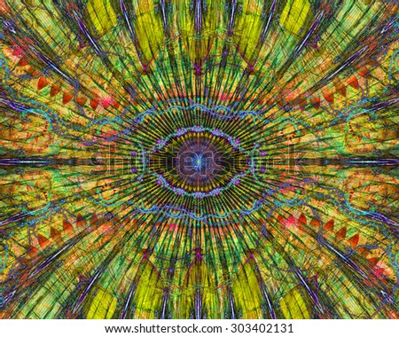 Abstract modern colorful background with a decorative eye-like symbol in the center and flower petal decoration surrounding it, all in dark vivid yellow,green,blue,red