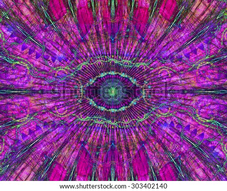 Abstract modern colorful background with a decorative eye-like symbol in the center and flower petal decoration surrounding it, all in dark vivid pink,purple,blue,green