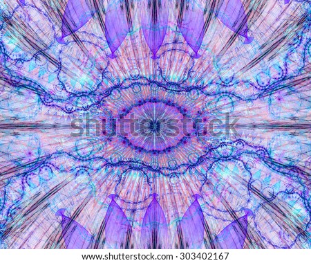 Abstract modern colorful background with a decorative eye-like symbol in the center and flower petal decoration surrounding it, all in light pastel pink,purple,blue,teal