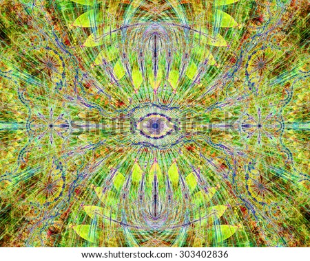 Abstract esoteric colorful background with a decorative eye in the center and flower ornamental decoration surrounding it, all in bright vivid yellow,green,red,purple