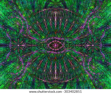 Abstract esoteric colorful background with a decorative eye in the center and flower ornamental decoration surrounding it, all in dark vivid green,blue,pink