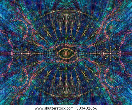Abstract esoteric colorful background with a decorative eye in the center and flower ornamental decoration surrounding it, all in dark vivid blue,pink,yellow,orange