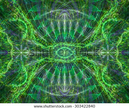 Abstract esoteric colorful background with a decorative eye in the center and flower ornamental decoration surrounding it, all in shining green and blue