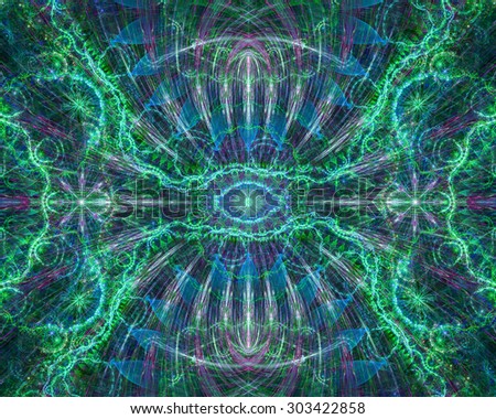 Abstract esoteric colorful background with a decorative eye in the center and flower ornamental decoration surrounding it, all in shining green,blue,pink