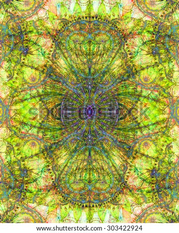 Abstract esoteric colorful background with a decorative star in the center and flower ornamental decoration surrounding it, all in dark and bright vivid yellow,green,pink,purple