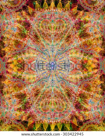 Abstract esoteric colorful background with a decorative star in the center and flower ornamental decoration surrounding it, all in bright yellow,orange,green,pink,blue
