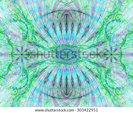 Abstract esoteric colorful background with a decorative eye in the center and flower ornamental decoration surrounding it, all in light pastel green,teal,pink,purple