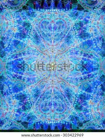 Abstract esoteric colorful background with a decorative star in the center and flower ornamental decoration surrounding it, all in bright blue,pink,yellow