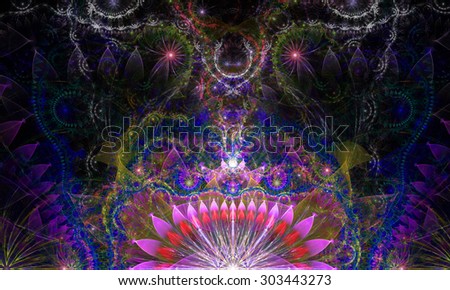 Abstract Psychedelic colorful background with a decorative alien like flower in the center and flower ornamental petals surrounding it, all in shining pink,purple,green