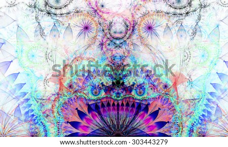 Abstract Psychedelic colorful background with a decorative alien like flower in the center and flower ornamental petals surrounding it, all in light pastel cyan,pink,purple,red