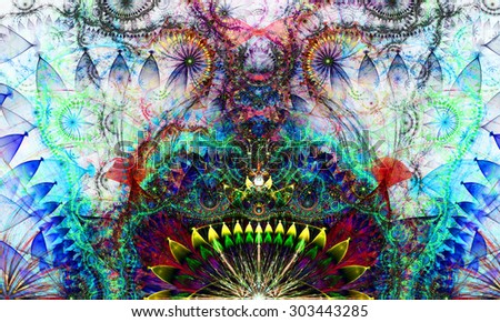 Abstract Psychedelic colorful background with a decorative alien like flower in the center and flower ornamental petals surrounding it, all in dark vivid blue,teal,red,yellow