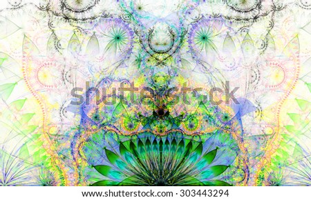 Abstract Psychedelic colorful background with a decorative alien like flower in the center and flower ornamental petals surrounding it, all in light pastel green,blue,pink,yellow