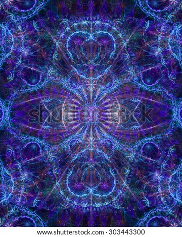 Abstract esoteric colorful background with a decorative star in the center and flower ornamental decoration surrounding it, all in glowing blue and purple